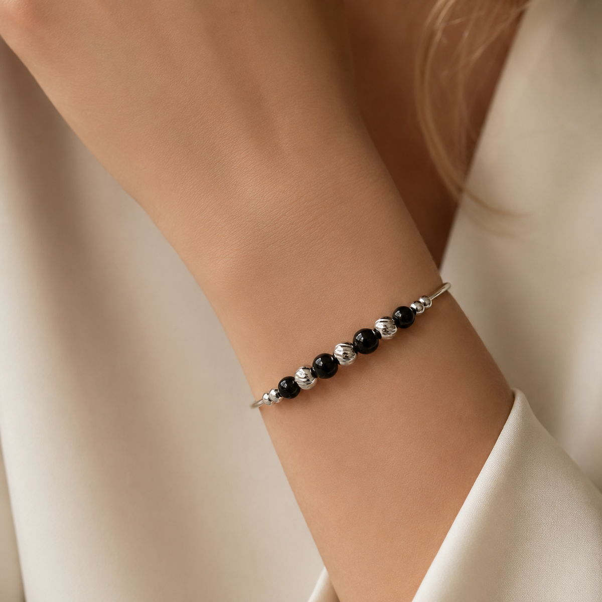 Midnight Silver Bead Bangle Bracelet