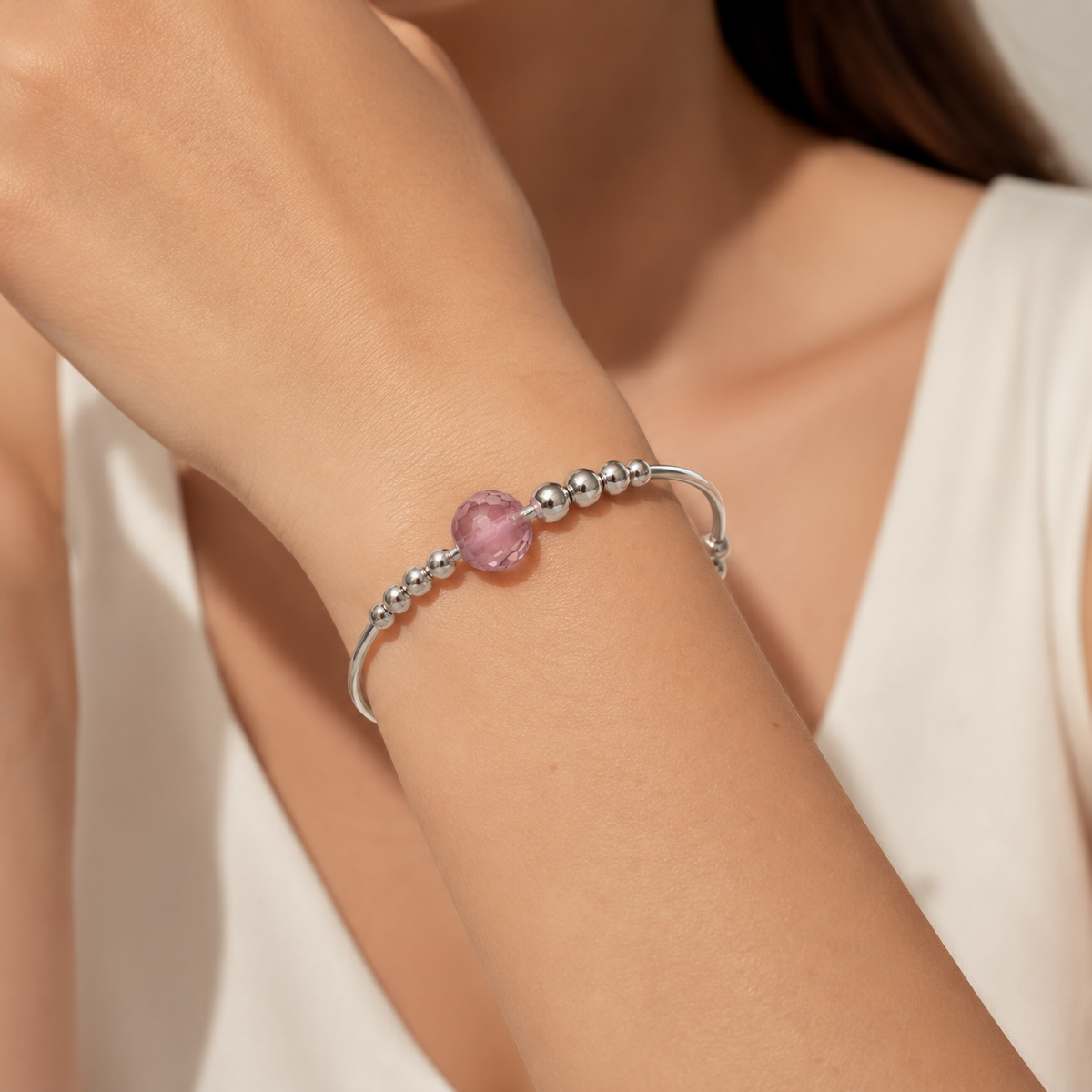 Pink Bead Silver Cuff Bracelet