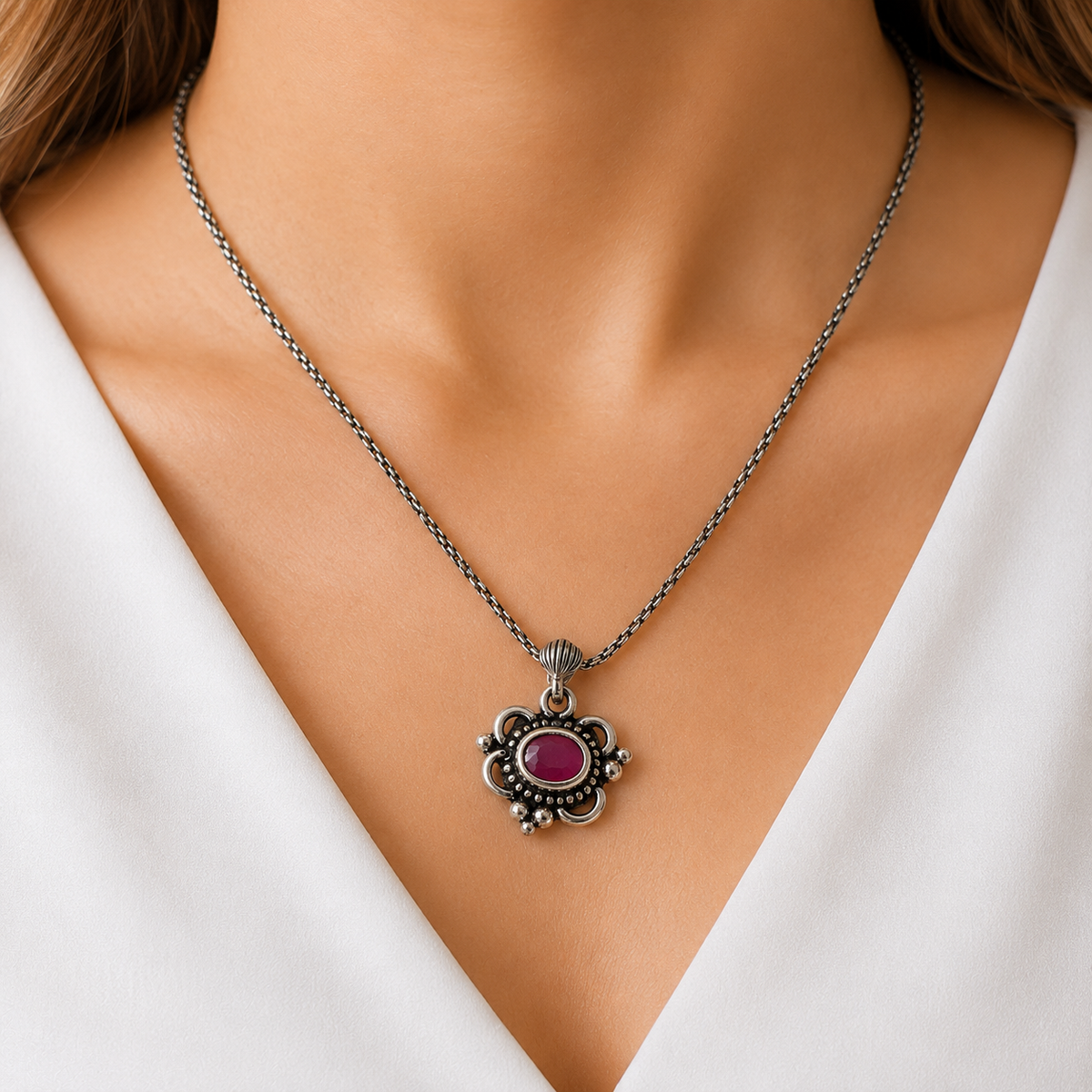 Ruby Bloom Pendant Necklace
