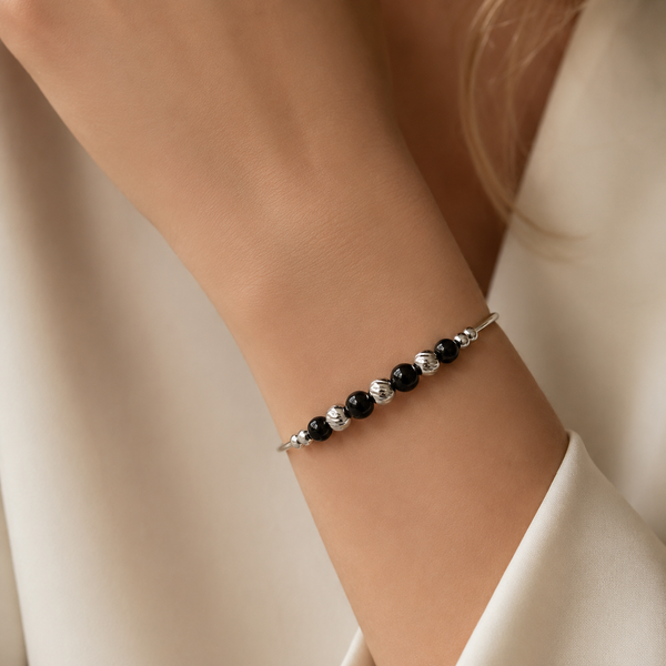 Midnight Silver Bead Bangle Bracelet